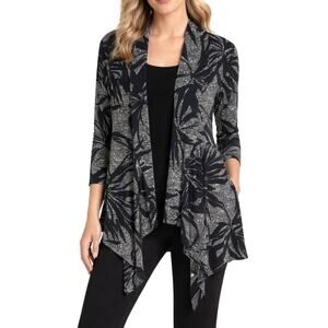 Clara Sun Woo Cardigan Black White Tropical Print SZ L Layering Spring Office
